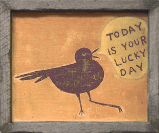  yellow art prints with black bird and "today is your lucky day"