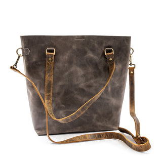 Black Distressed Leather Tote Bag with Brown Handles