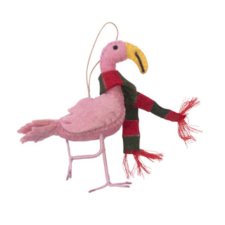 Felt Flamingo Ornament with Red & Green Striped Scarf