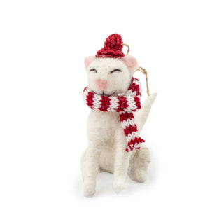 Felt White Cat Ornament with Red Hat and Striped Scarf