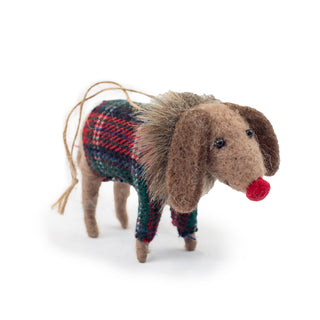 Felt Brown Dog Ornament with Plaid Sweater
