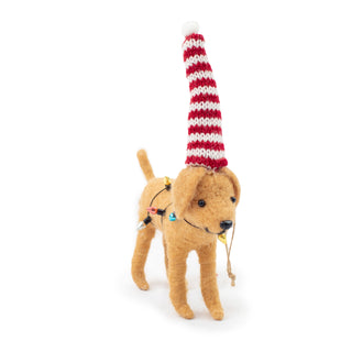 Felt Gold Dog Ornament with Striped Hat and String of Lights