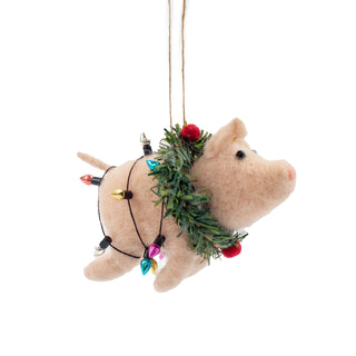 Felt Pig Ornament with Wreath & String of Lights