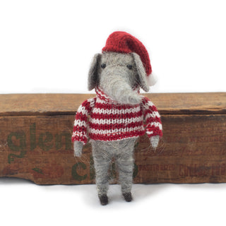 Felt Grey Elephant Ornament with Red & White Sweater