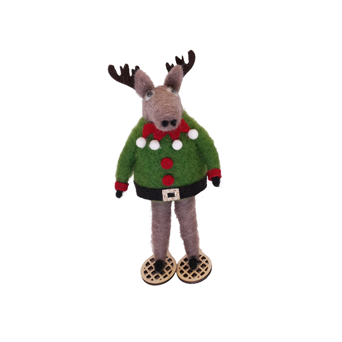 Felt Moose Ornament with Elf Sweater and Snowshoes