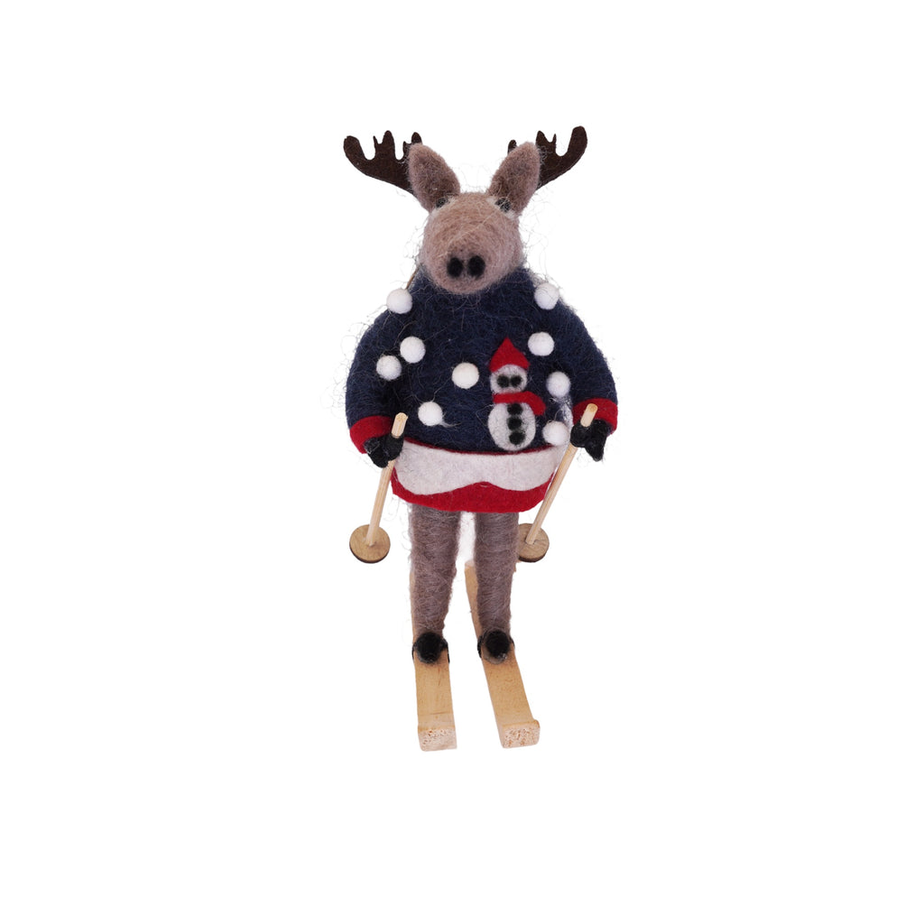 Felt Moose Ornament with Blue Snowman Sweater and Skis