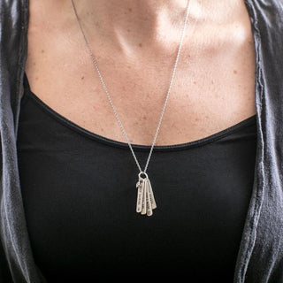 sterling silver necklace against a black shirt