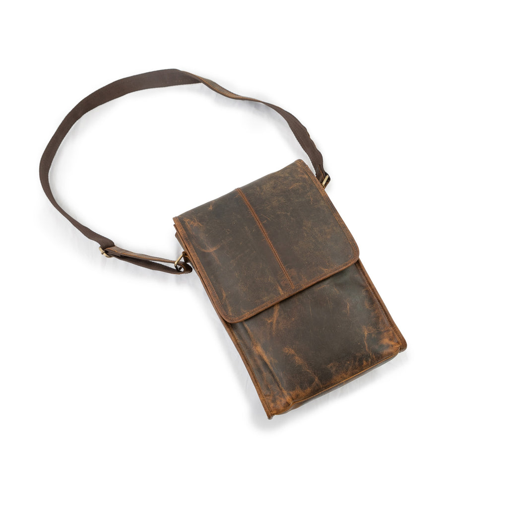 ***Leather Crossbody Briefcase - Scratched Leather Distressed Brown 16.5 x 10.5 x 3.5