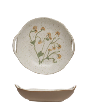Hand-Painted Stoneware Bowl w/ Handles & Botanicals