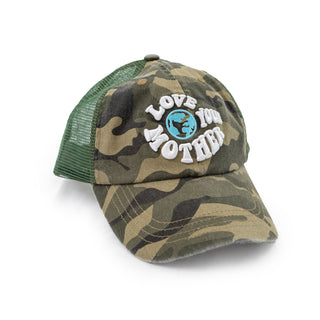 camo hat with Love your mother across the front