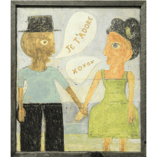  art print features two people facing each other, holding hands and talking