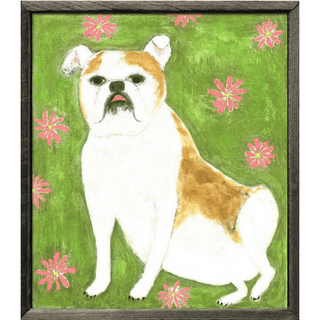 This art print features a bright green background with a dog accented by pink flowers.