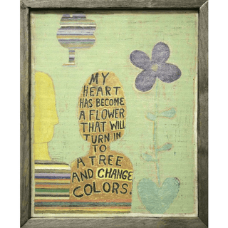 green background with flowers and the shape of a person with text