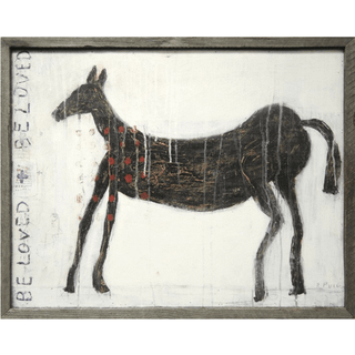  This unique print features a white background with a dark horse. The phrase "Beloved Beloved" is printed on the left side of the print.