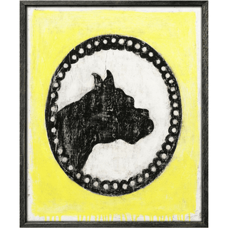 Bright yellow background surrounds a dog silhouette.
