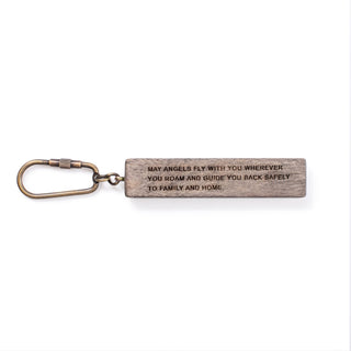 wood keychain with the quote "may angels fly with you..." (full quote in description)